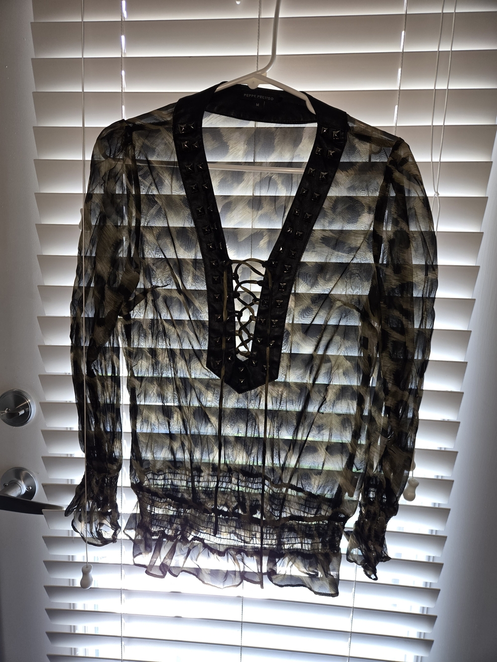 Peppe Peluso Olive and Black Camo Studded Lace-Up Sheer Blouse - Picture 4 of 6